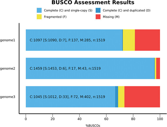 Bar chart displaying BUSCO assessment results, with color-coded segments for completeness, single copy, duplicated, and missing genes.