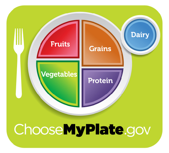 El logotipo de dieta saludable muestra un plato dividido en cuatro secciones, etiquetadas como “frutas”, “verduras”, “granos” y “proteína”. La sección de verduras es ligeramente más grande que las otras tres. Un círculo al costado del plato se etiqueta como “lácteo”. Debajo de la placa se encuentra la dirección web “Choose My Plate dot gov”.