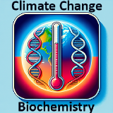 Icon featuring Earth with a thermometer and DNA strands, labeled "Climate Change Biochemistry."