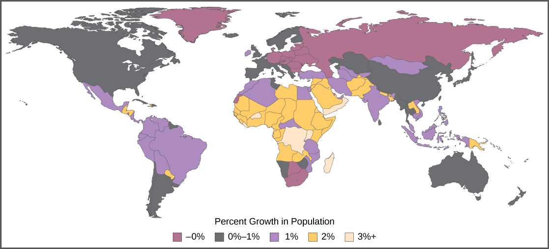 El porcentaje de crecimiento poblacional, que va de cero por ciento a tres más por ciento, se muestra en un mapa mundial. Europa, el norte de Asia, Groenlandia y Sudáfrica están experimentando un crecimiento demográfico de cero por ciento. Estados Unidos, Canadá, la parte sur de Sudamérica, China y Australia están experimentando un crecimiento demográfico de cero a uno por ciento. México, la parte norte de Sudamérica y partes de África, Oriente Medio y Asia están experimentando un crecimiento demográfico del uno por ciento. La mayor parte de África y partes de Oriente Medio y Asia están experimentando un crecimiento demográfico del dos por ciento. Algunas partes de África están experimentando un crecimiento demográfico del tres por ciento.