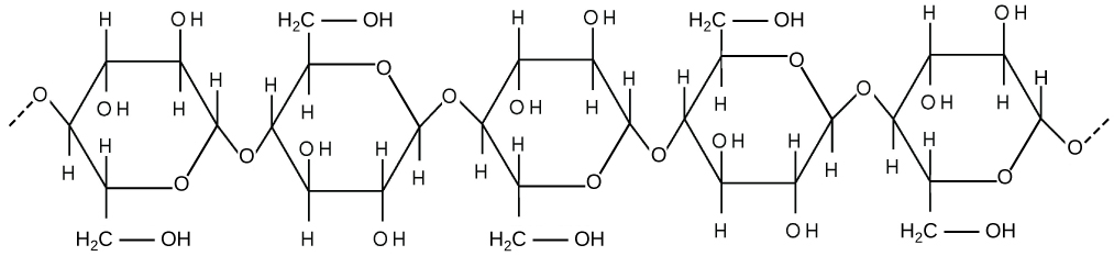 Cette illustration montre trois sous-unités de glucose qui sont liées entre elles. Les lignes pointillées à chaque extrémité indiquent que de nombreuses autres sous-unités constituent une fibre de cellulose complète. Chaque sous-unité de glucose est un cycle fermé composé d'atomes de carbone, d'hydrogène et d'oxygène.